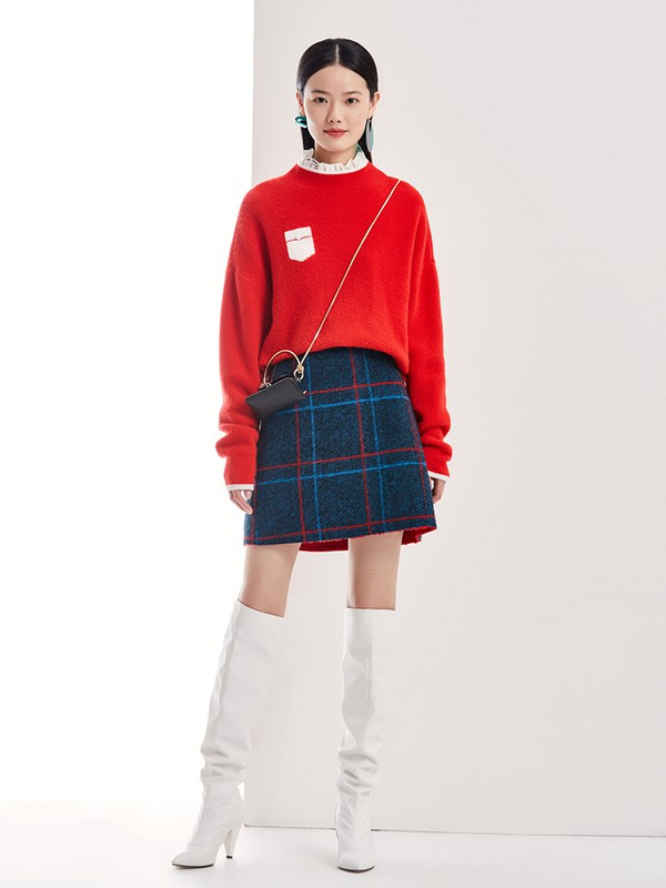 FUUNNYFEELLN女装2020秋冬季红色撞色毛衣