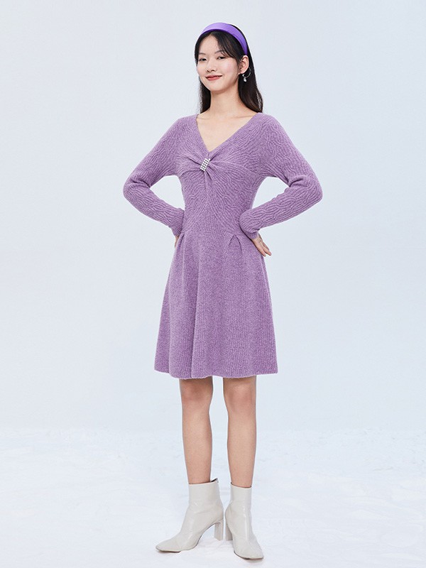 糖力潮品2020秋冬季紫色收腰针织裙