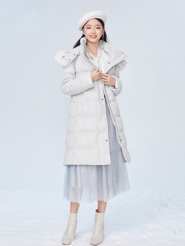 糖力潮品女装2020秋冬季白色带毛领羽绒服