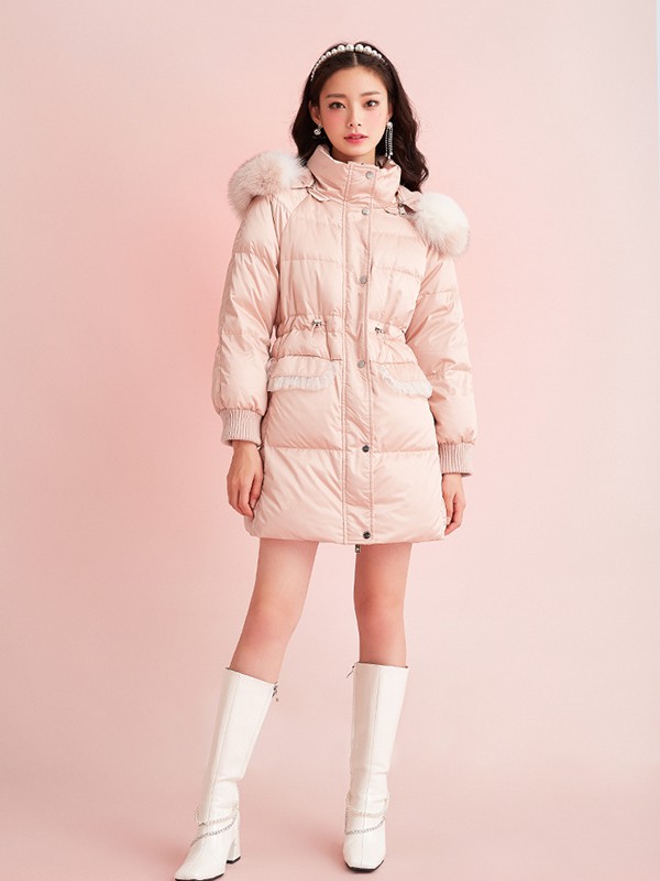 糖力潮品女装2020秋冬季粉色带毛领羽绒服
