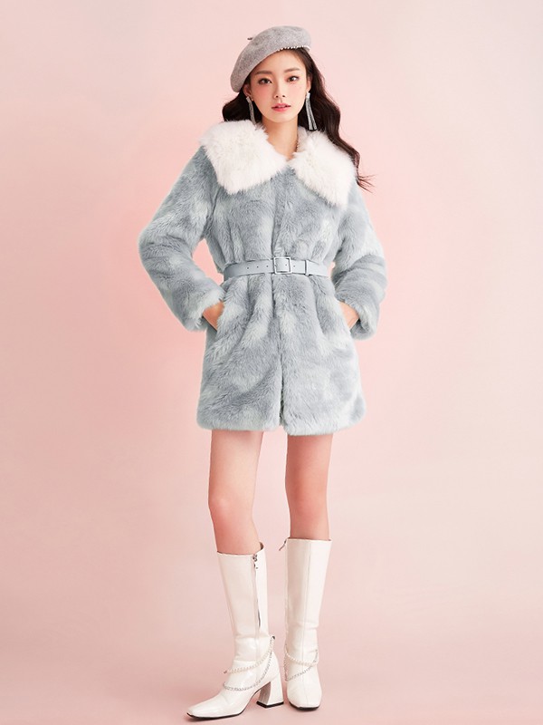 糖力潮品女装2020秋冬季蓝色带毛领外套