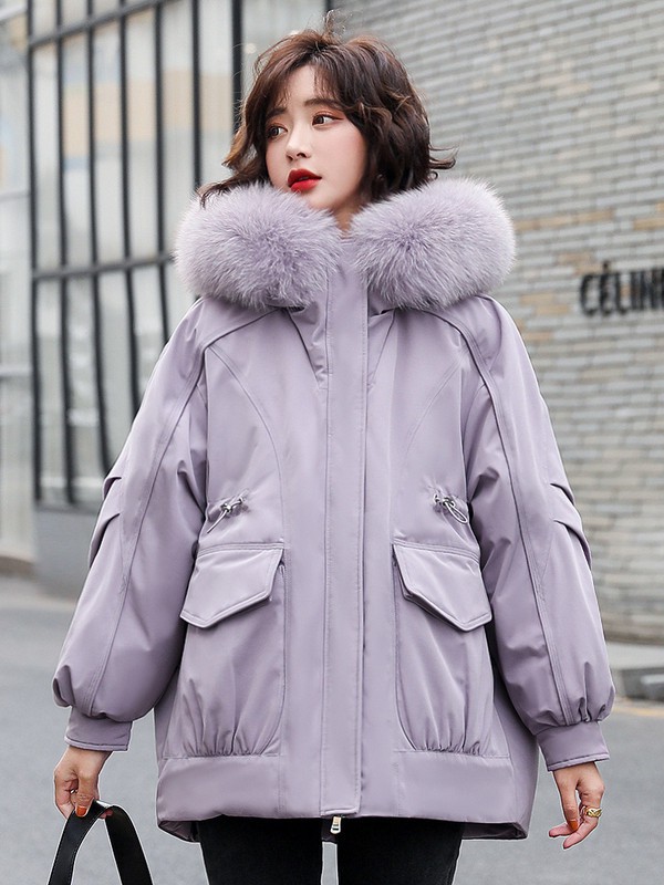 高梵2020秋冬季紫色带毛领羽绒服