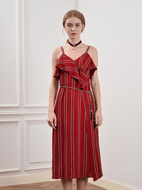 菲诺格诺女装2020夏季红色条纹连衣裙