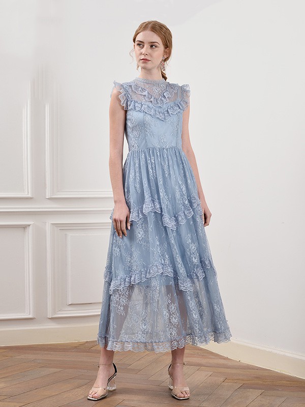 菲诺格诺女装2020夏季蓝色纱网连衣裙