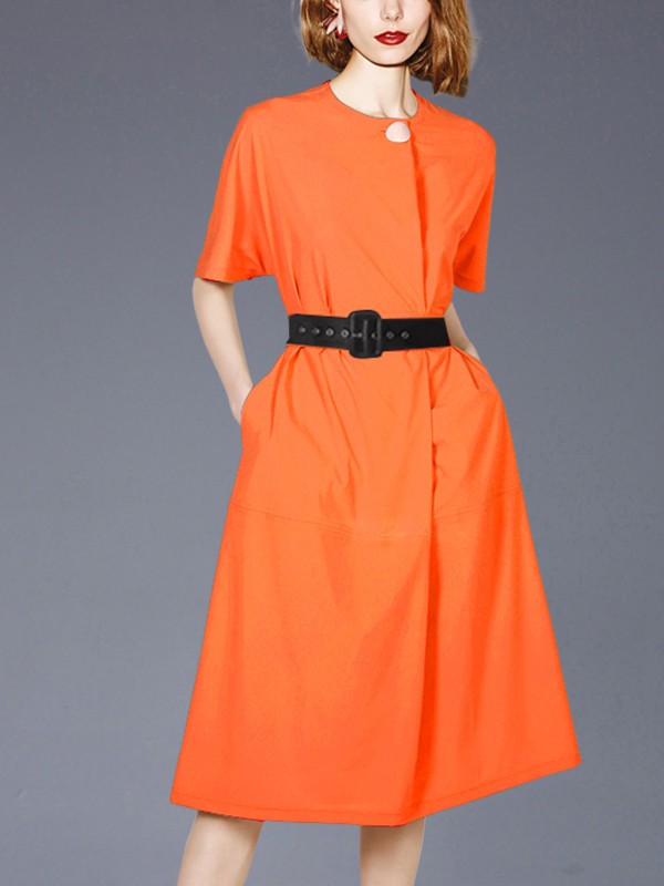 帝柔女装2020春夏季橙色纯色连衣裙