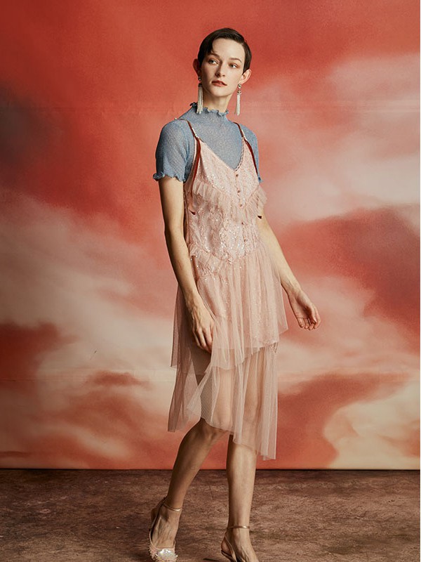 OceanFlame女装2020夏季粉色纱网吊带裙