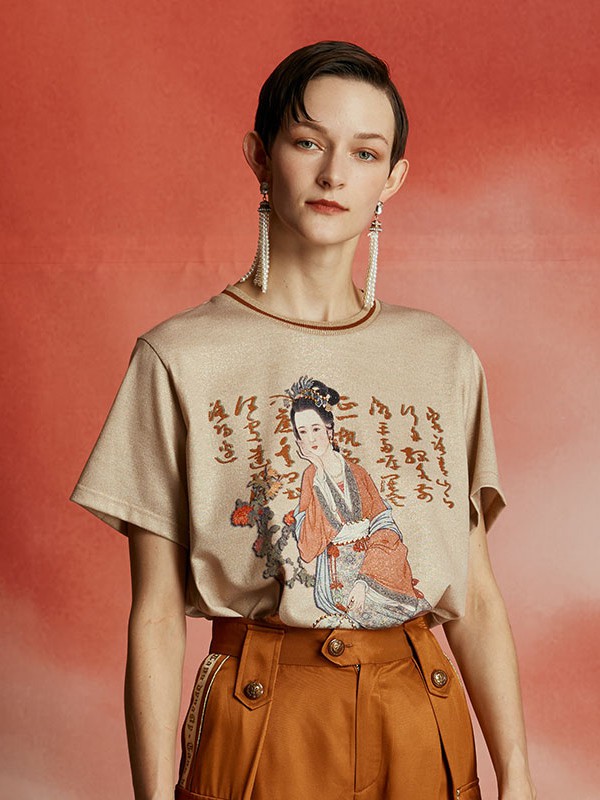 OceanFlame女装2020夏季卡其色印花T恤