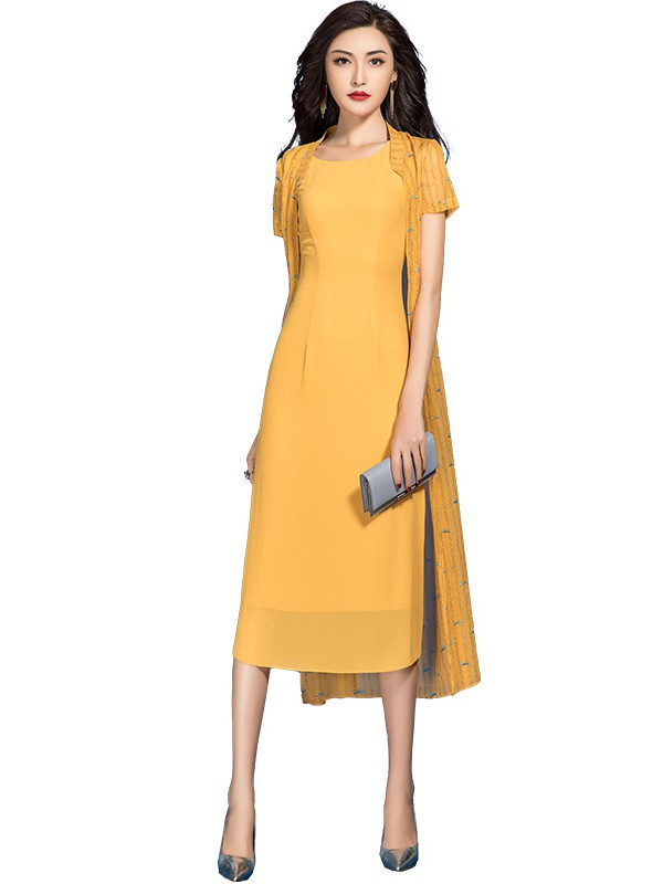 首尚格释女装2020春夏季黄色长款连衣裙