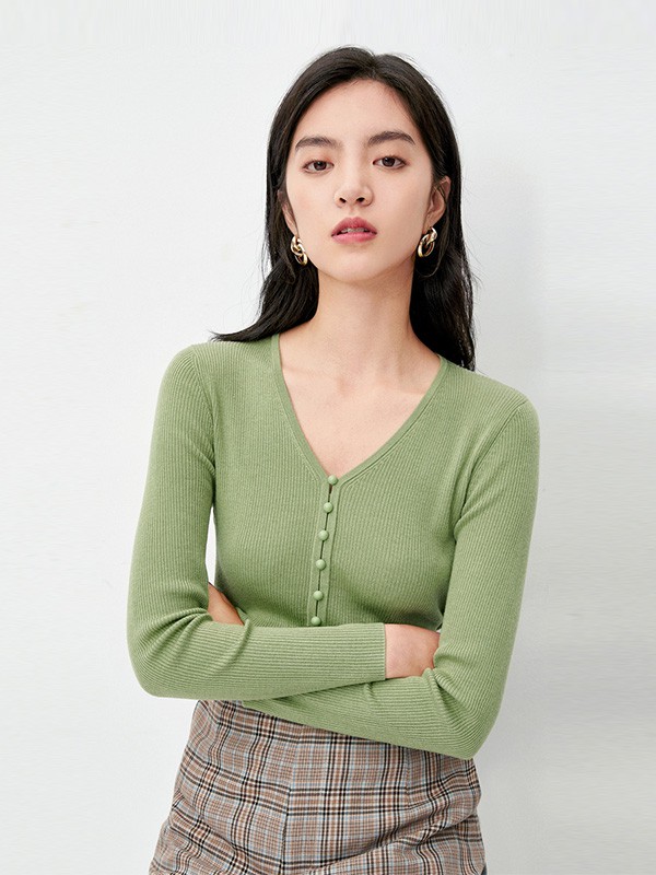 伊芙丽女装2020秋季绿色纯色针织衫