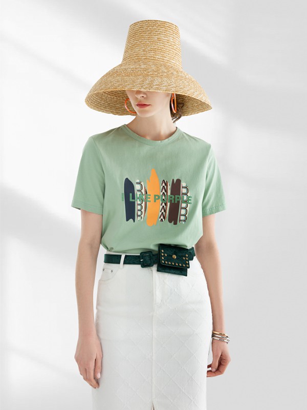 卡芙芮2020夏季抹茶绿印花T恤