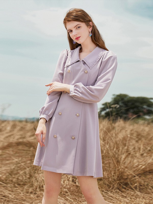 蓝色倾情女装2020秋季紫色纯色连衣裙