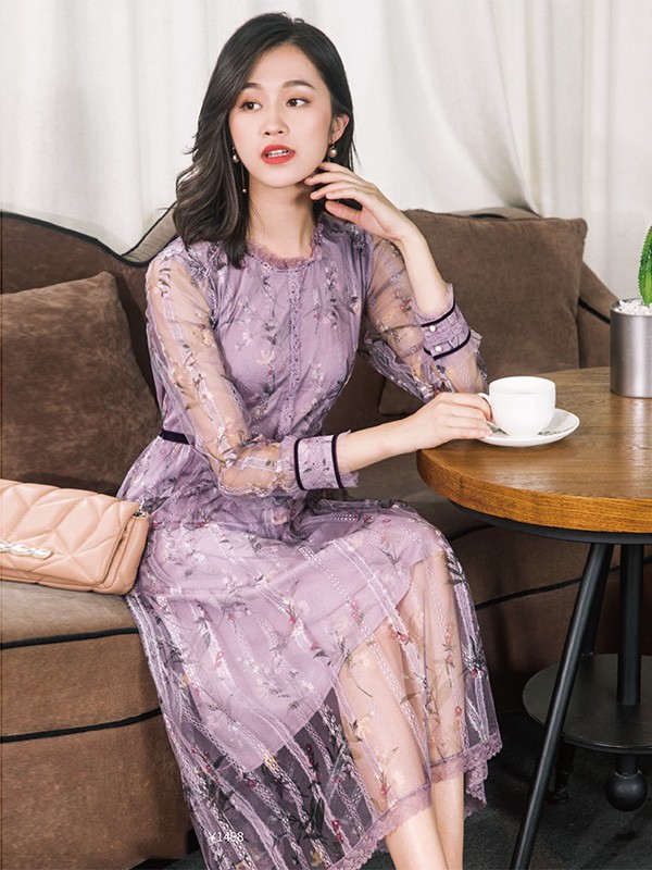 优美世界女装2020秋季紫色纱网连衣裙