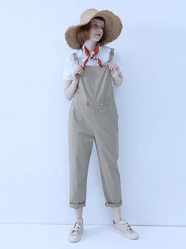 蒂蒂猫女装2020夏季米色收腰背带裤