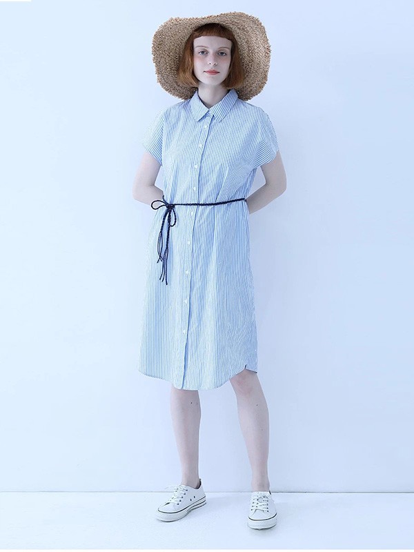 蒂蒂猫女装2020夏季浅蓝色条纹衬衫裙