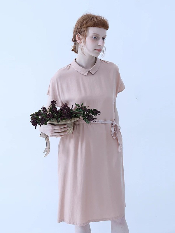 蒂蒂猫女装2020夏季粉色纯色连衣裙