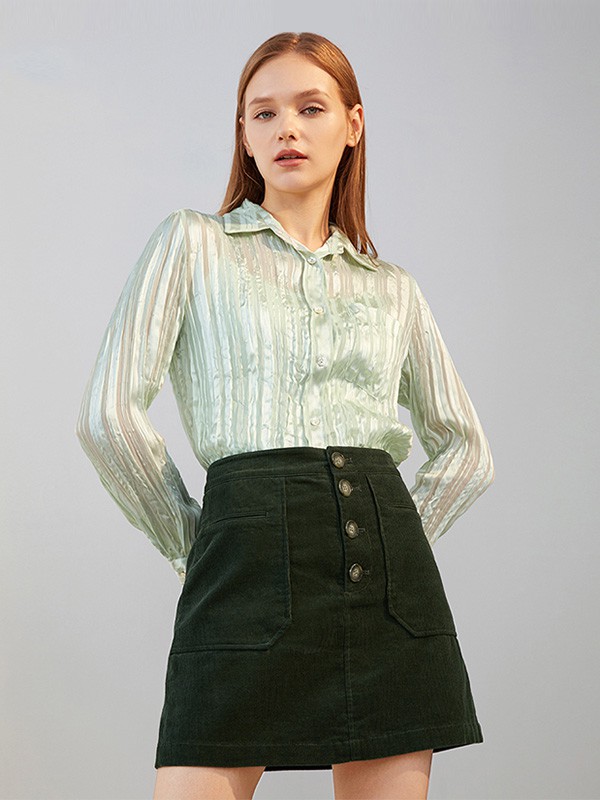 艾诺丝雅诗女装2020秋季绿色亮面衬衫
