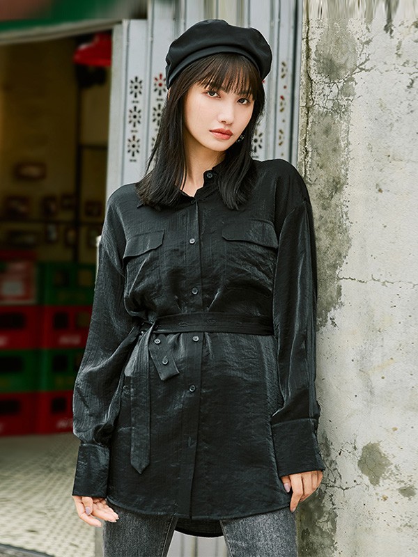 玛玛绨2020秋季黑色长款衬衫