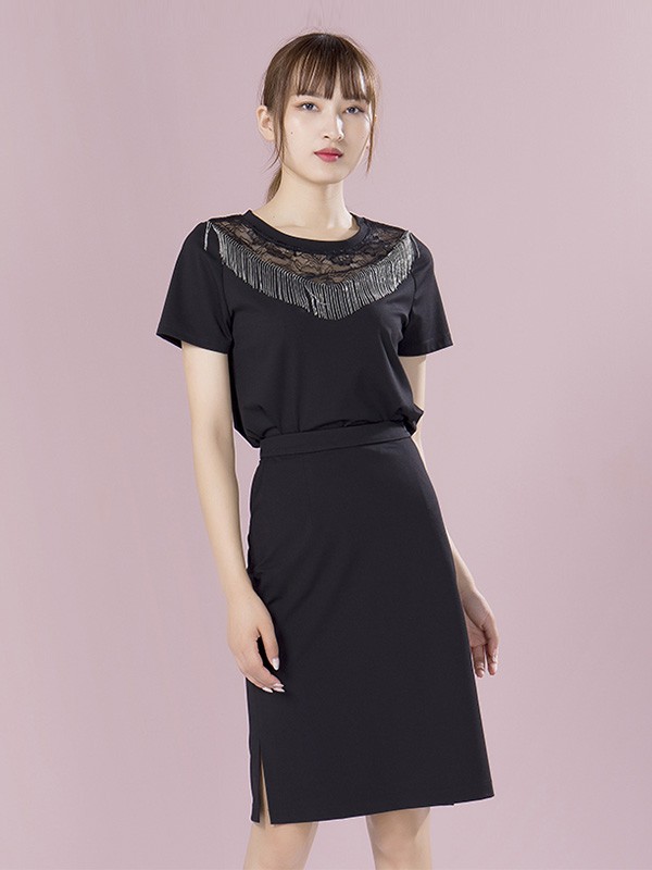 莱茨女装2020夏季黑色纯色半身裙