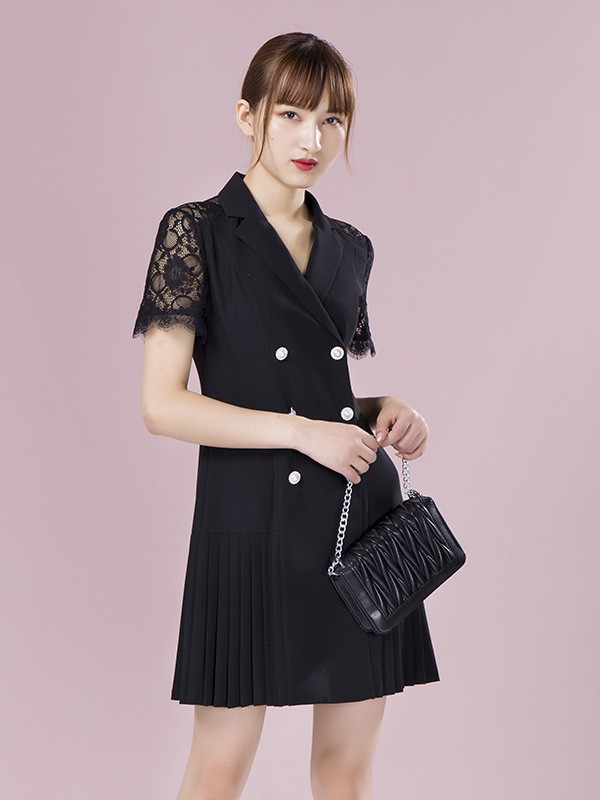 莱茨女装2020夏季黑色纯色连衣裙
