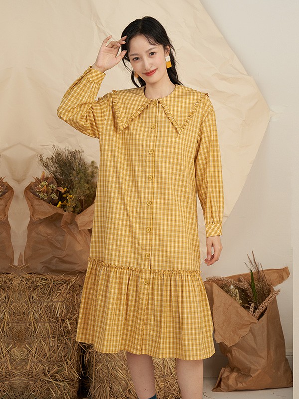 薇可蔻女装2020秋季黄色格子连衣裙