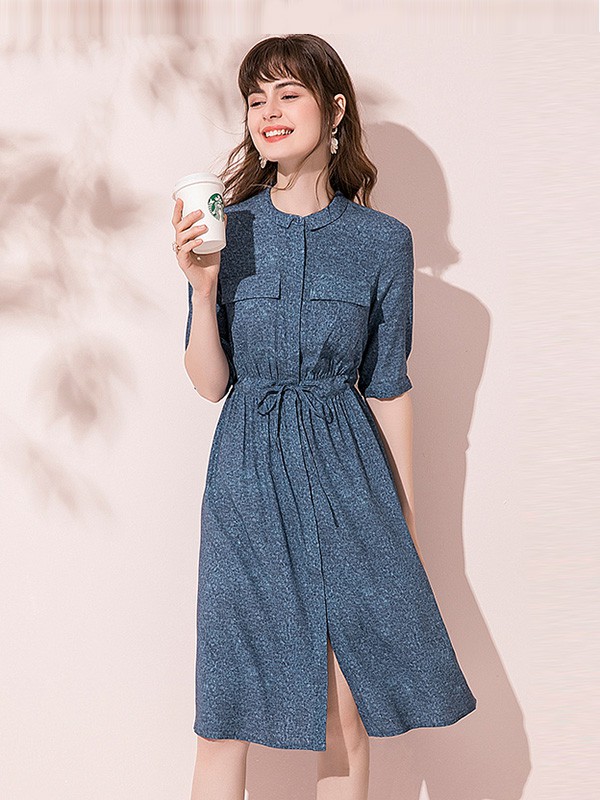 维米莉女装2020夏季蓝色高腰连衣裙