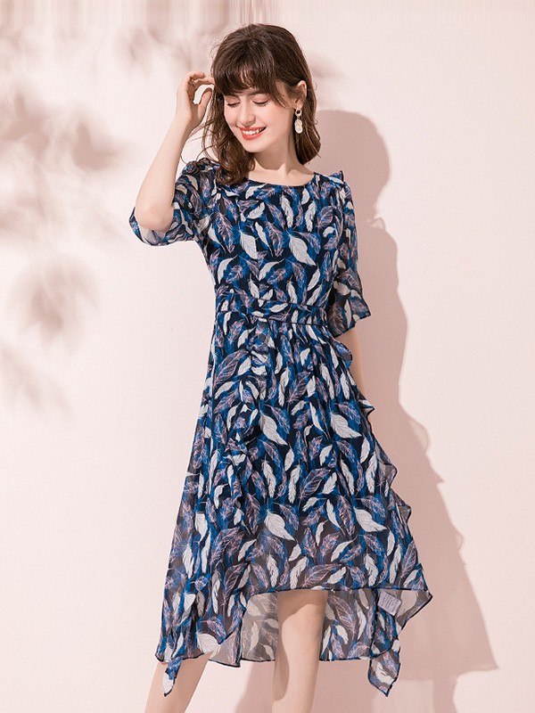 维米莉女装2020夏季藏蓝色印花连衣裙