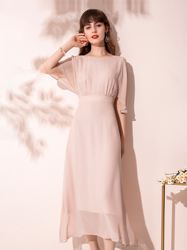 维米莉女装2020夏季粉色纯色连衣裙