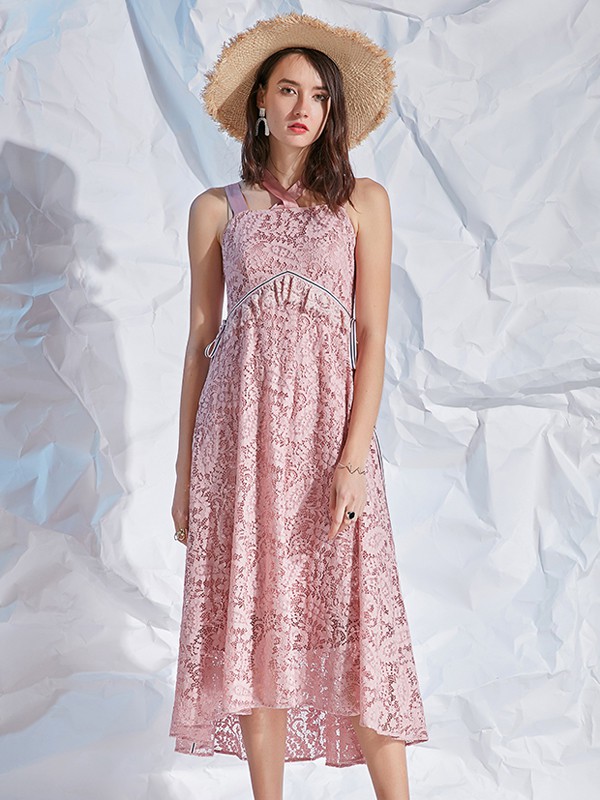 卡布依女装2020春夏季粉色收腰吊带裙