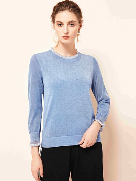 雅意娜菲女装2020秋冬季蓝色纯色打底衫