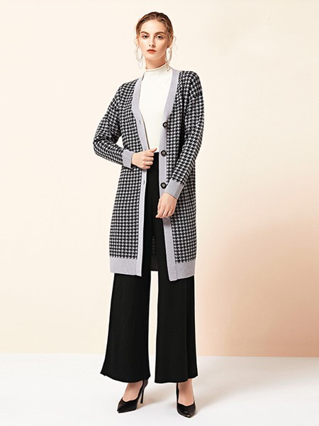 雅意娜菲女装2020秋冬季灰色格子针织衫