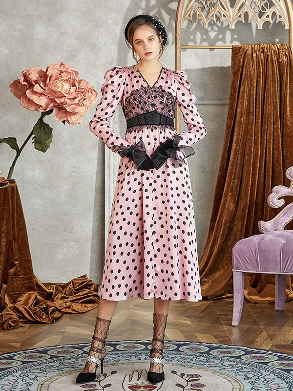 玛克茜妮女装2020秋季粉色波点连衣裙