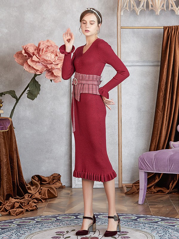 玛克茜妮女装2020秋季红色修身针织裙