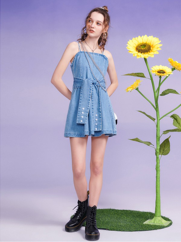 MJStyle女装2020春夏季蓝色字母吊带裙