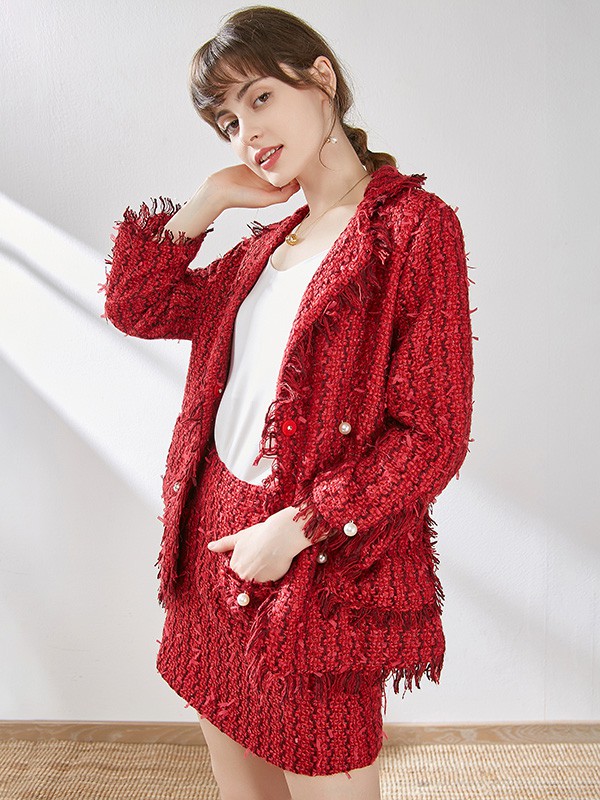 ​宾丽女装2020秋冬季红色流苏套装