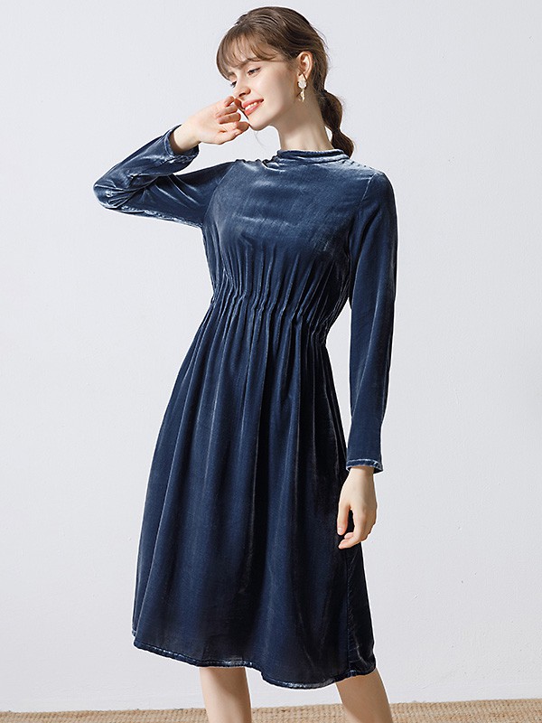 ​宾丽女装2020秋冬季藏蓝色纯色连衣裙