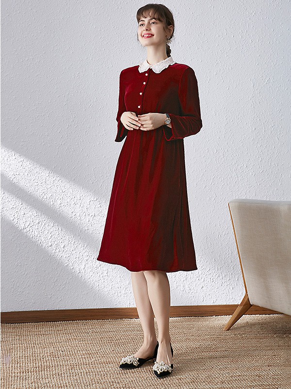 ​宾丽女装2020秋冬季红色收腰连衣裙