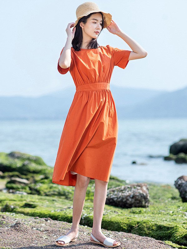 子陌2020春夏季橙色收腰连衣裙