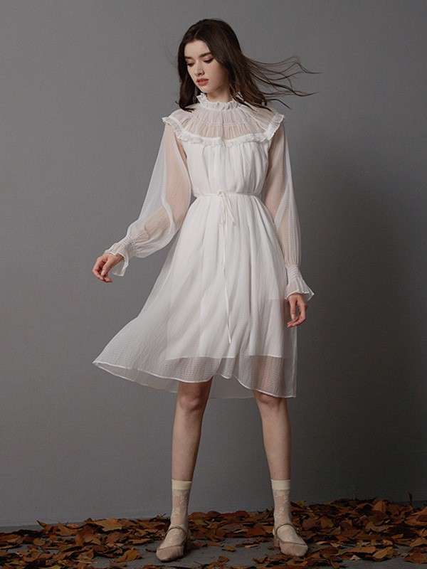 卡芮茜女装2020秋冬季白色纱网连衣裙