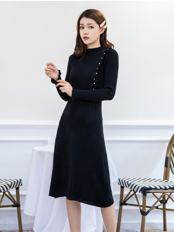 美丽衣橱女装2020秋冬季黑色修身针织裙