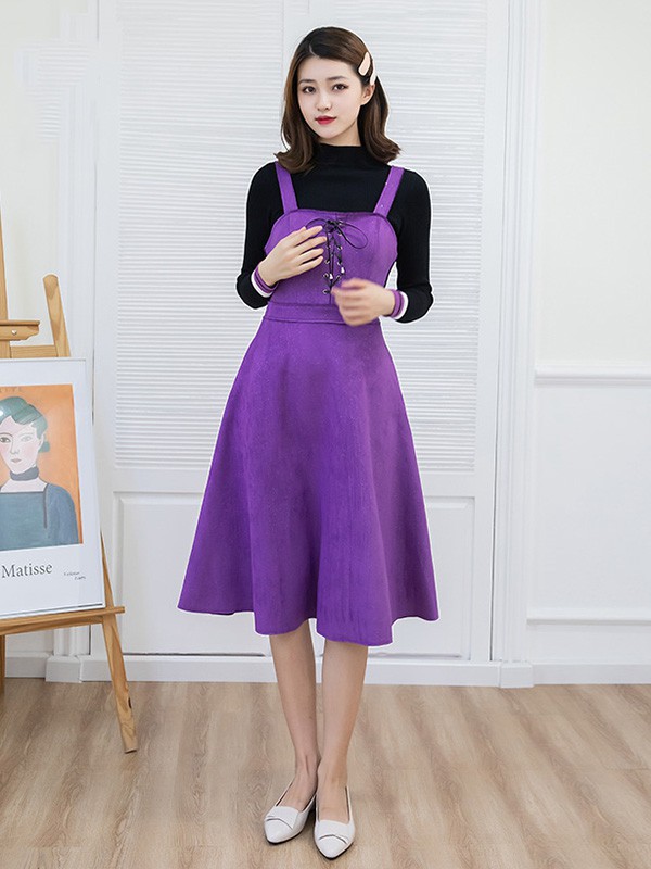 美丽衣橱2020秋冬季紫色修身背带裙