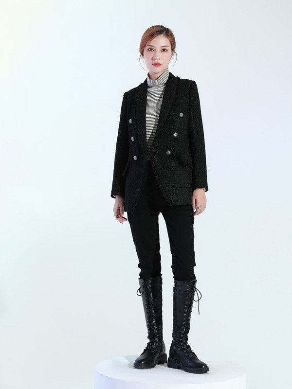 吉米赛欧女装2020秋冬季黑色纯色外套