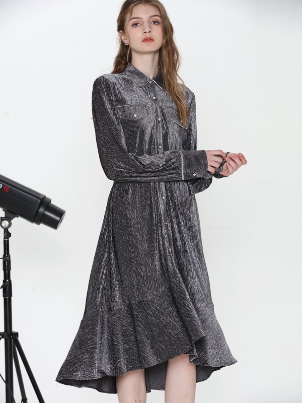 宝贝玛丽2020秋冬季灰色纯色连衣裙
