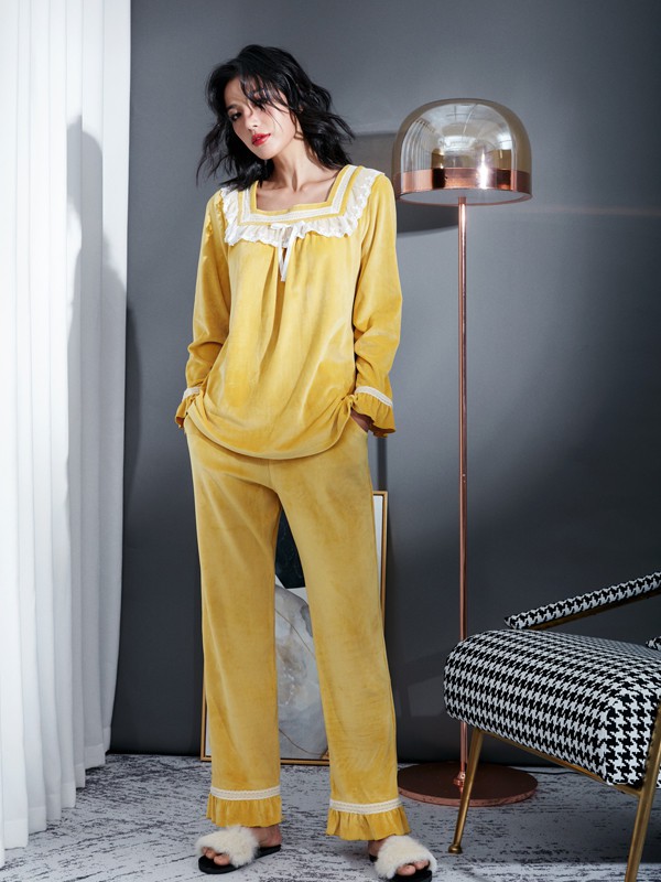 布迪设计2020秋冬季黄色纯色睡衣套装