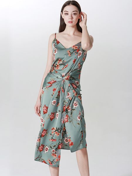 VesperLynd2020春夏季绿色印花吊带裙