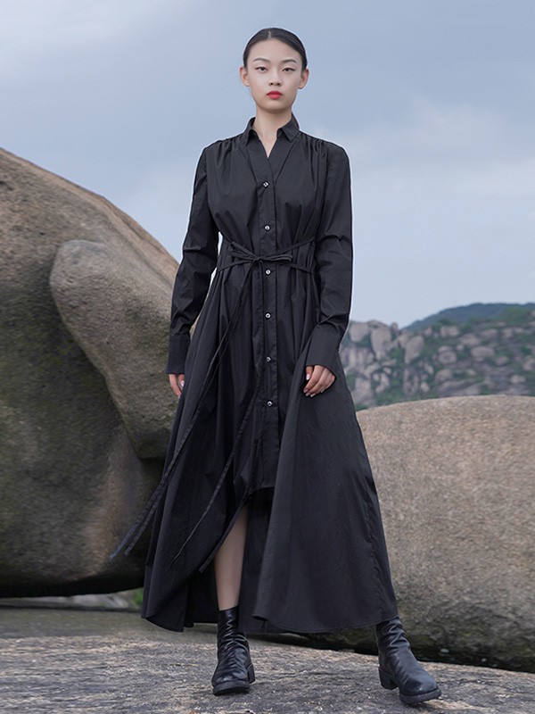 界内界外女装2020秋冬季黑色不对称衬衫裙