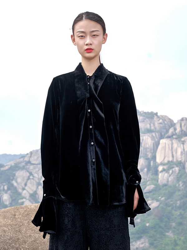 界内界外女装2020秋冬季黑色纯色衬衫