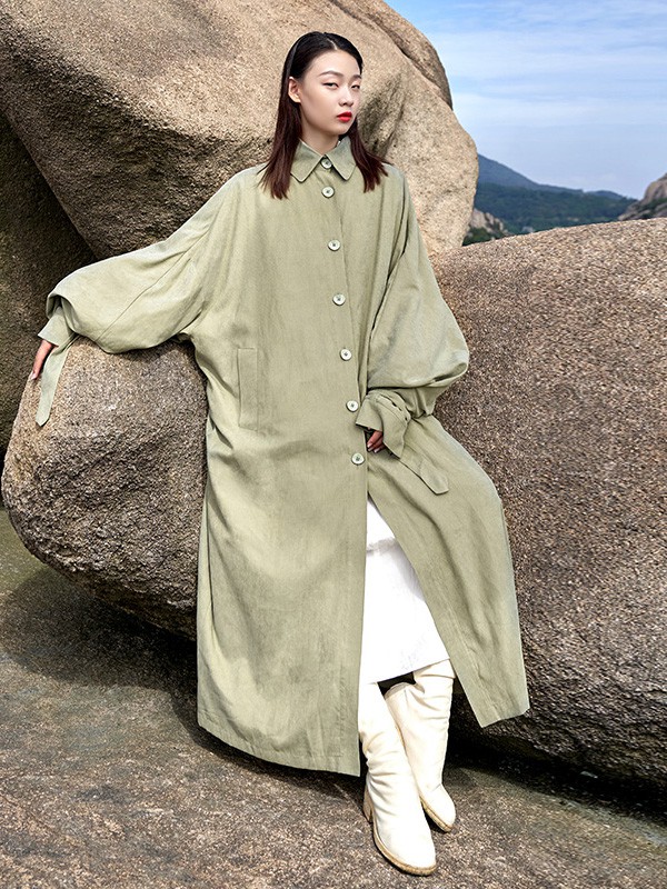 界内界外女装2020秋冬季绿色长款外套