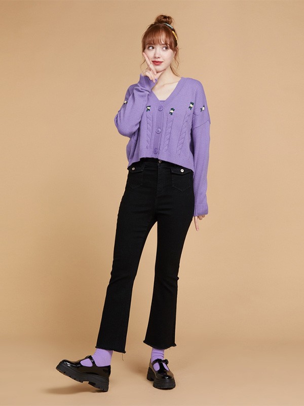 CacheCache女装2020秋冬季紫色图案针织衫