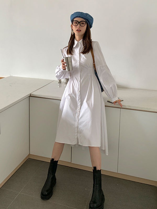 YOUPPIE!女装2020秋冬季白色纯色衬衫裙
