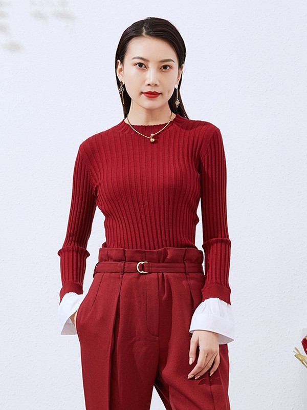捷恩尼纳女装2020秋冬季红色拼接针织衫